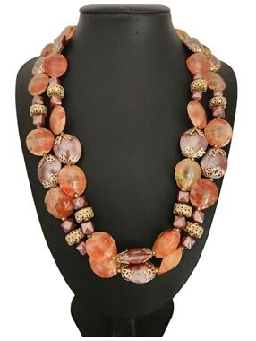 Vintage Hong Kong Signed Orange Bead Double Strand Layered Beaded Necklace 22"